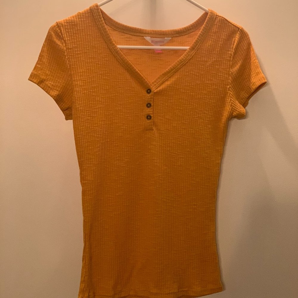 orange/yellow button up t-shirt